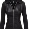 Women Lock and Love Moto Biker Black Hooded Coat