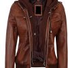 Women Real Lambksin Hooded Brown Leather Jacket