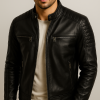 Men’s Real Black Leather Jacket with Quilted Shoulders
