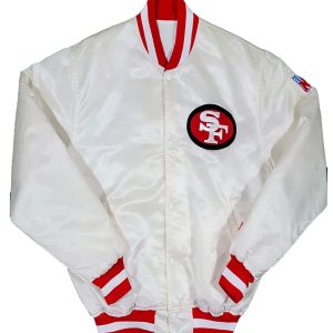 San Francisco 49ers Starter 80s White Satin Bomber Jacket