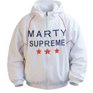 Marty Supreme London Timothee Chalamet White Hooded Jacket