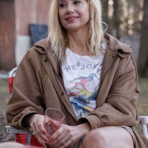 Mira Sorvino Signing Tony Raymond Brown Leather Jacket